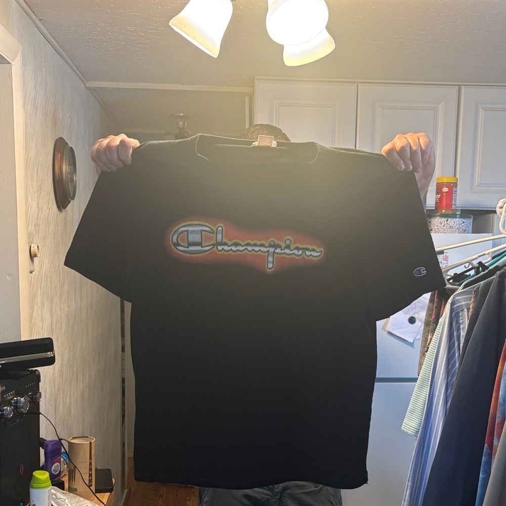 Champion Black Tee with Multicolor Logo